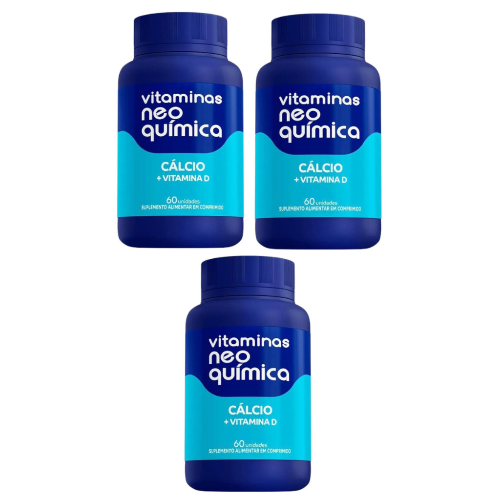 3 Potes Cálcio + Vitamina D Neo Química 60 Cápsulas Suplemento Alimentar