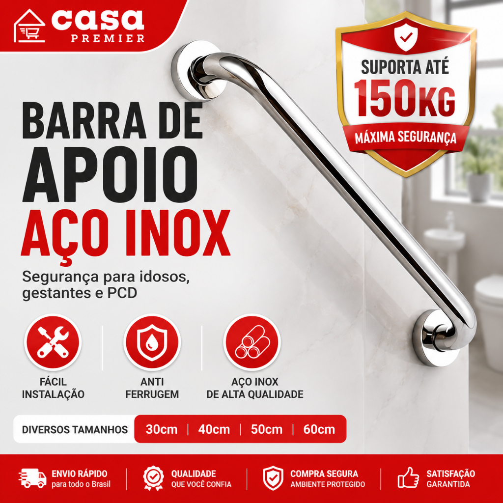 Kit Barra de Apoio Aço Inox Corrimão Alça Suporte Banheiro Segurança Proteção Idoso Apoio De Mão Deficiente Pne