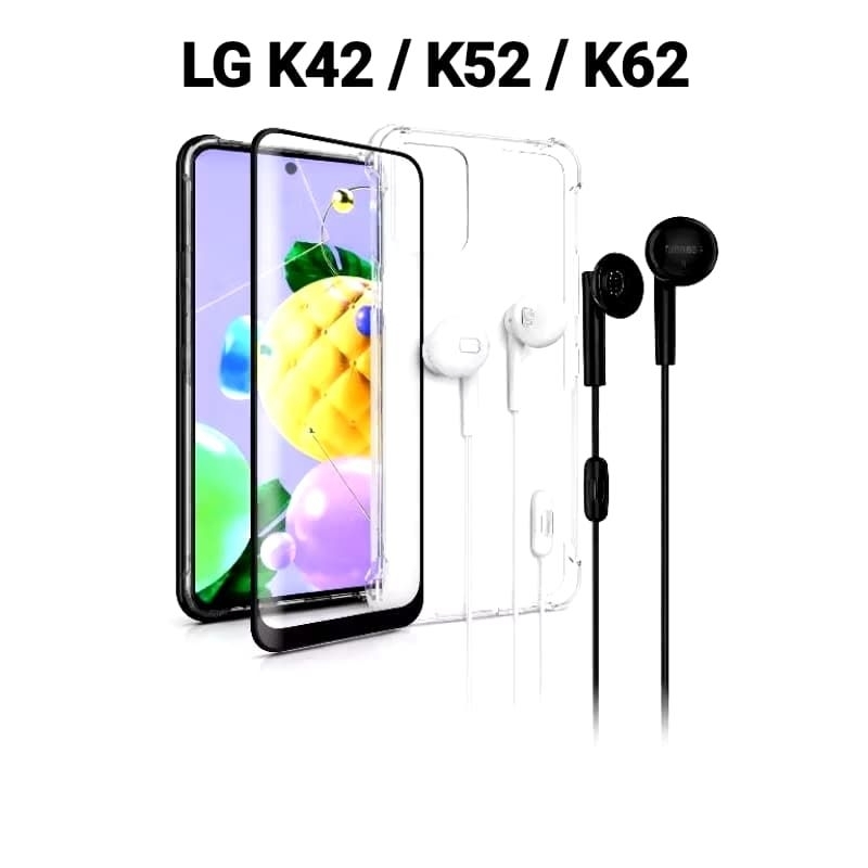Kit LG K42 / K52 / K62 / K62 Plus Capa Transparente Anti Impacto + Película 3D Vidro + Fone de Ouvido P2