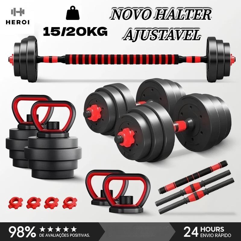 Kit Musculação 20kg Halteres Barra Kettlebell