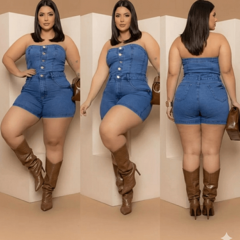Macacão Shorts Plus Size Jeans Com Laycra Macaquinho Feminino Botões Tomara que Caia Jardineira
