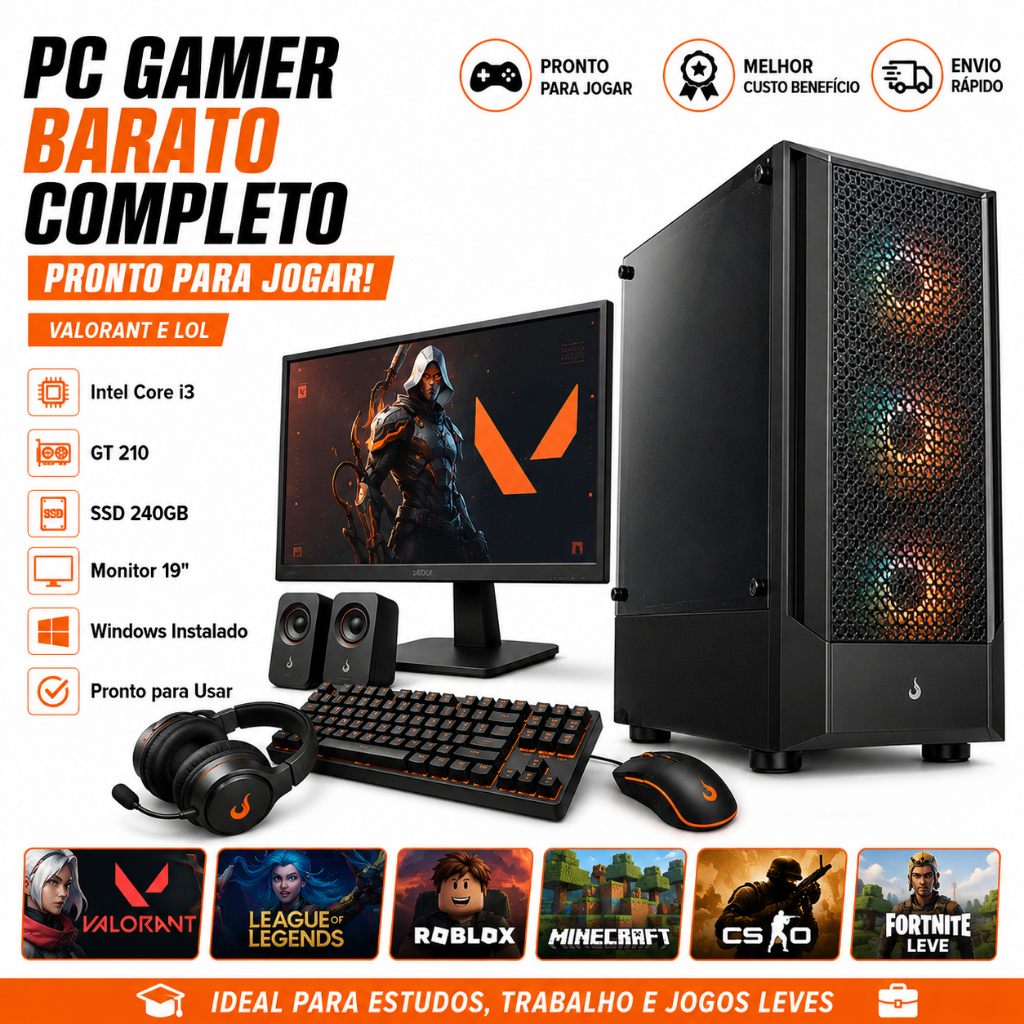 PC Gamer Barato Completo i3 GT 210 SSD 240GB Valorant LoL Monitor 19 Windows