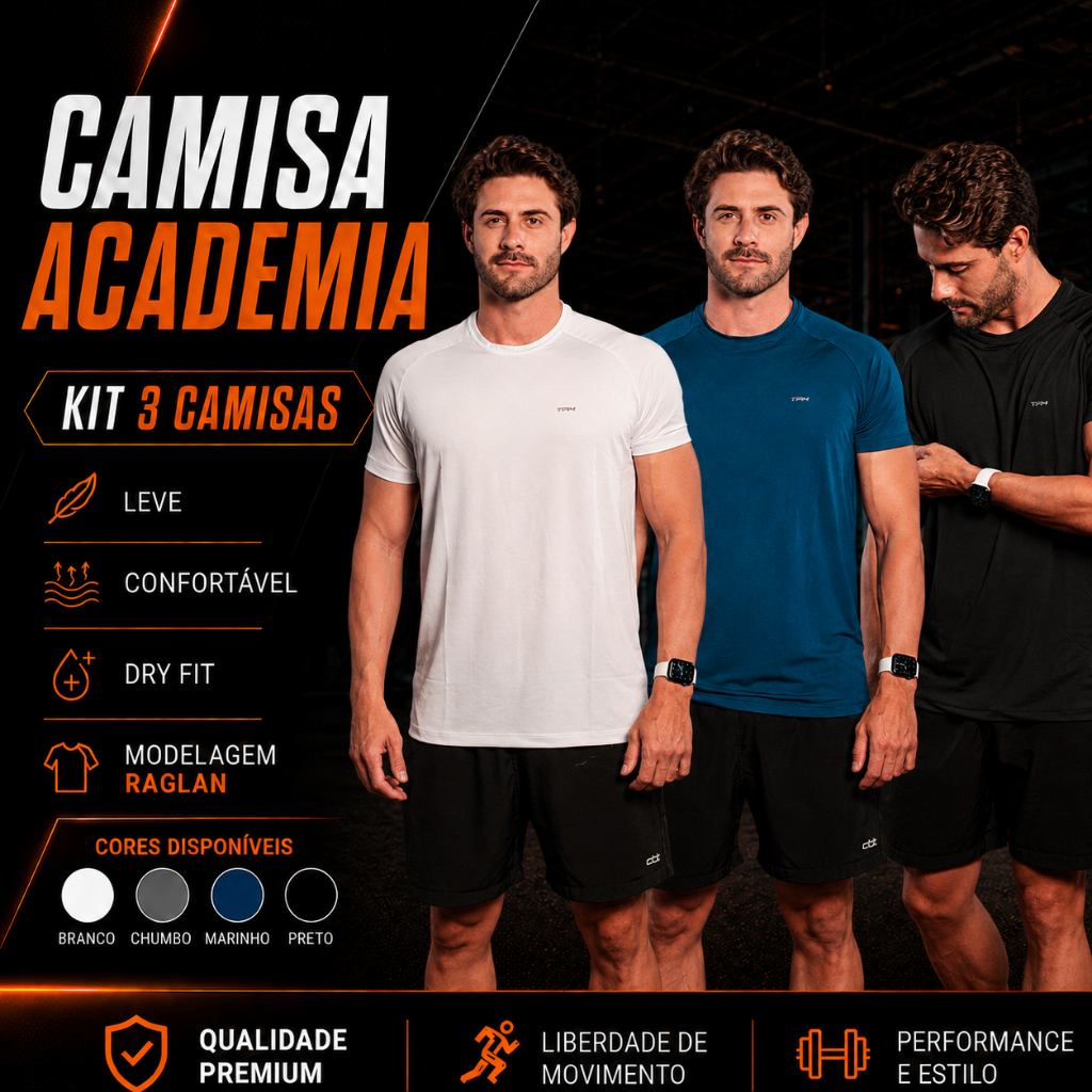 Kit 3 Camisa Camiseta Academia Treino Exercício Proteção Uv Manga Curta Masculina Raglan