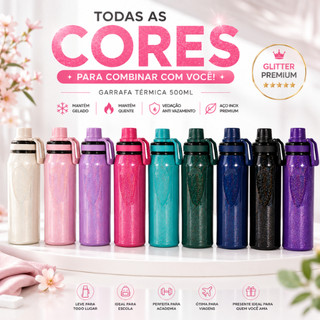Garrafa Térmica 500ml Inox Glitter Brilhante Conserva Gelado Quente Com Alça Tampa Rosca Academia Escola Luxo Portátil