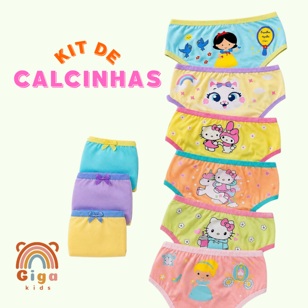 Kit Calcinhas Infantil Menina Ultra Macio e Confortável de Algodão Desfralde Estampado