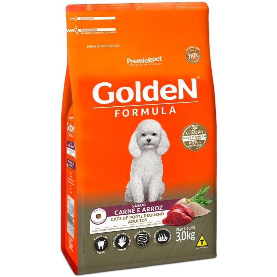 Ração pra Cães Adultos de Raças Pequenas Golden Formula sabor Carne e Arroz Mini Bits 3kg
