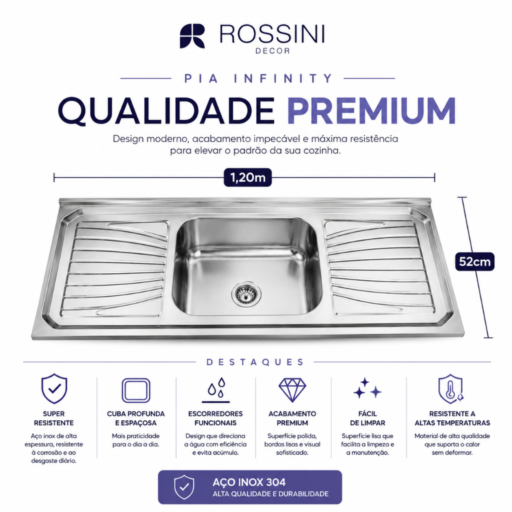 Pia Inox Premium 1,20m por 52cm Premium Aço Inox Resistente com Cuba Profunda Qualidade Superior