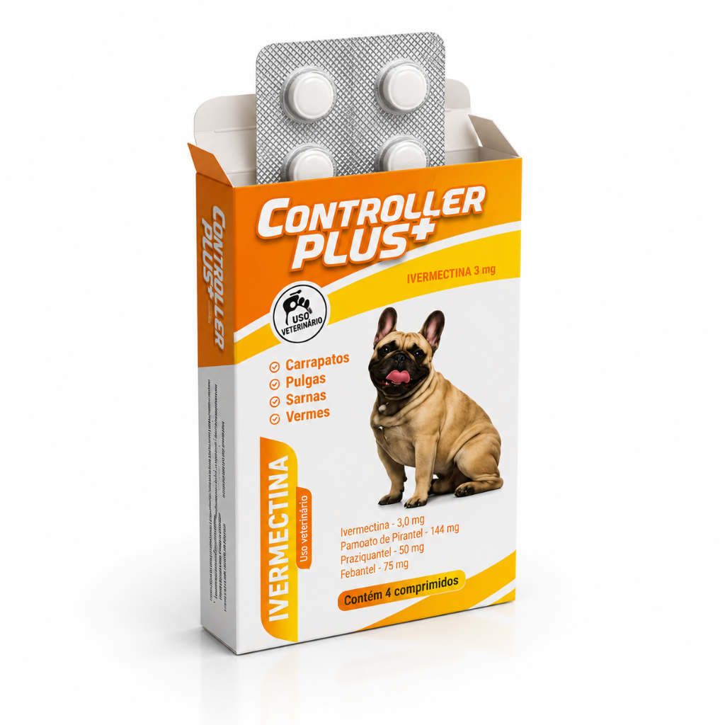 Ivermectina 3mg P/ Cães de 7,5kg a 15kg - 4 Comprimidos Controller Plus - Combate Carrapato Sarna Pulga Verme