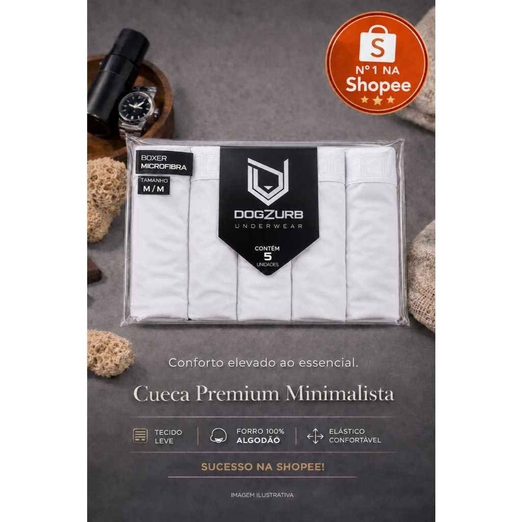 KIT 05 Cuecas Boxer Masculinas Minimalistas DOGZURB  BRANCA  em Microfibra Premium |   Conforto e Estilo | Forro Algodão