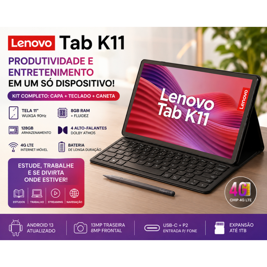 🚀 TABLET LENOVO TAB K11 TB330XUP 8GB 128GB 4G LTE + CAPA + CANETA + TECLADO 🚀