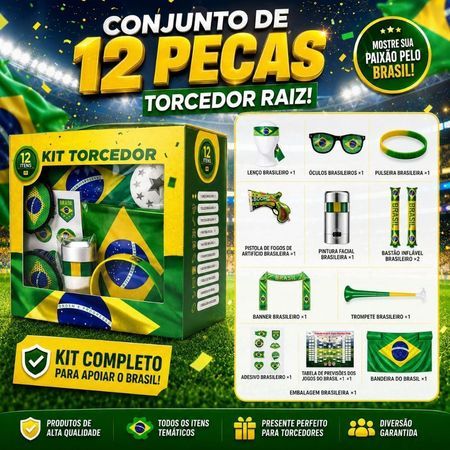 KIT Torcida Brasil 12 Peças Completo Acessórios Torcedor Brasileiro Copa 2026 Futebol Festa