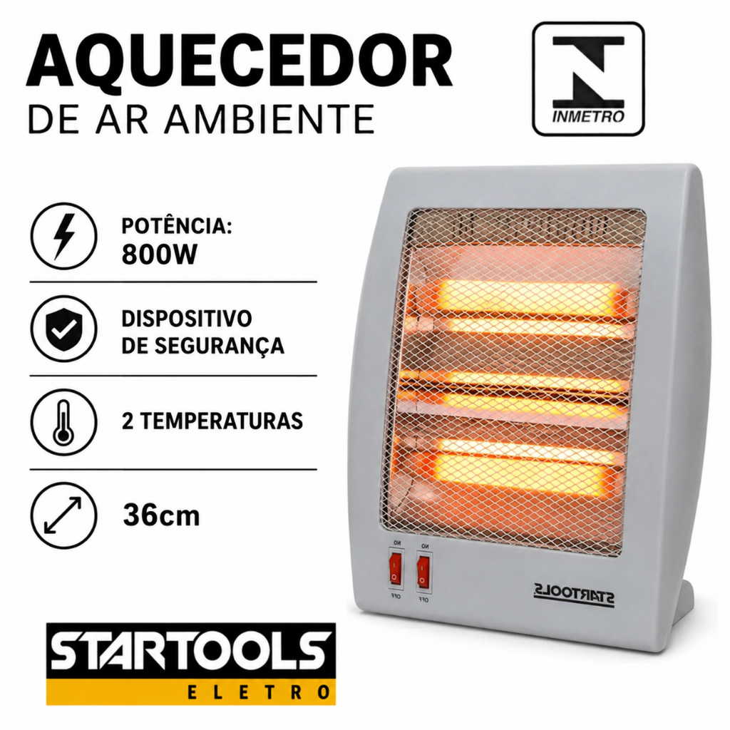 Aquecedor De Ar De Ambiente 2 Temperaturas 800W Quartzo 36CM Trava De Segurança Potente Eficiente