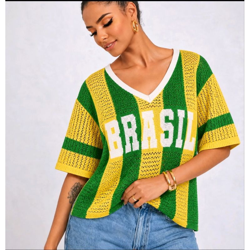 Blusa do Brasil Copa do mundo Feminina manga curta decote V