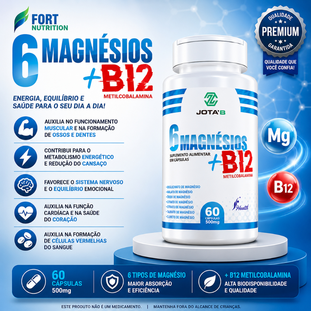 6 Magnésios + Vitamina B12 (Metilcobalamina) 100% Original – Suplemento Alimentar 60 Comprimidos