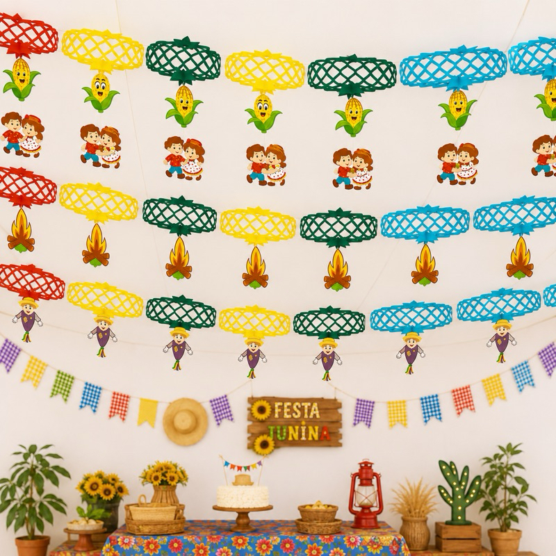 4 Guirlandas Enfeite Decorativo Faixa Varal Pêndulo Festa Junina Arraiá 04 unidades 02M Sortidos Coloridos