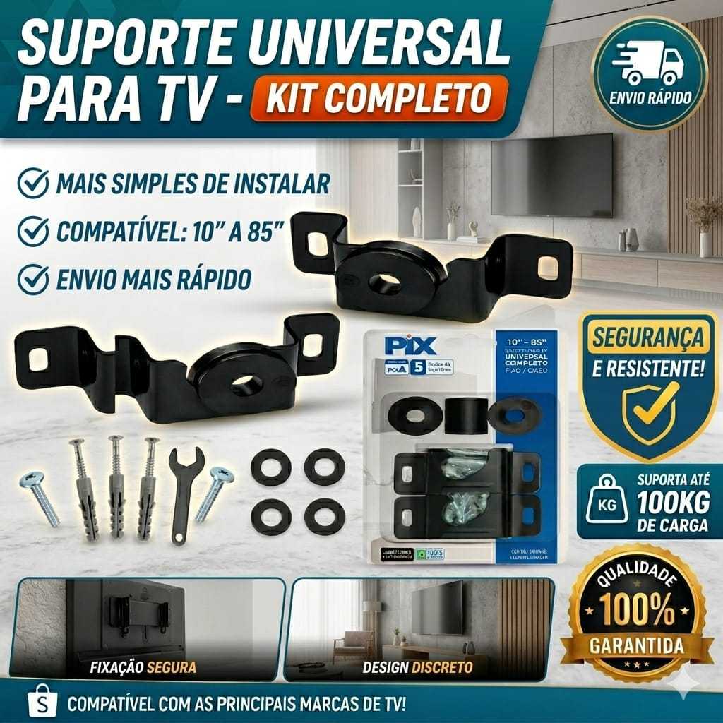 Suporte Televisão Universal Fixo PIX 10 100 Polegadas Gamer Monitor Reforçado Aço Carbono 80kg Tv Promoção Smart 4K