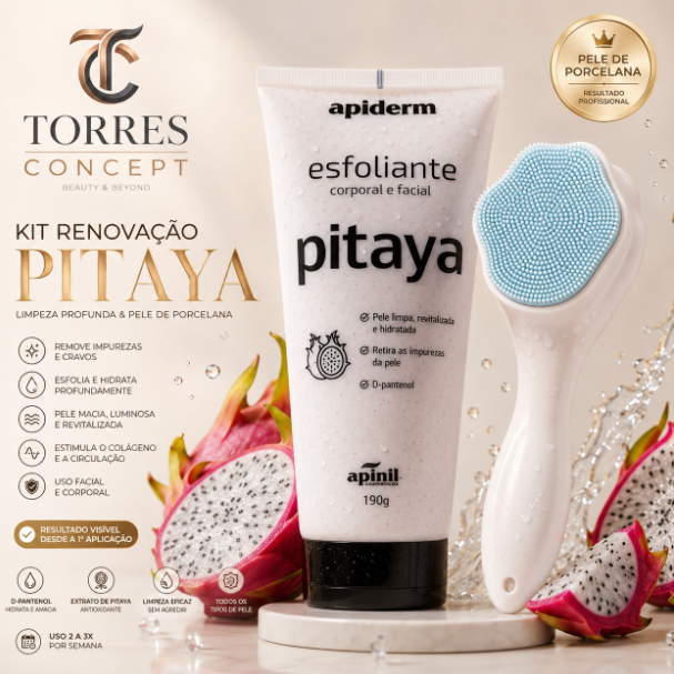 Kit Esfoliante Pitaya Clareador Rosto Corpo + Escova Silicone Facial Limpeza Cravo Espinha Apiderm