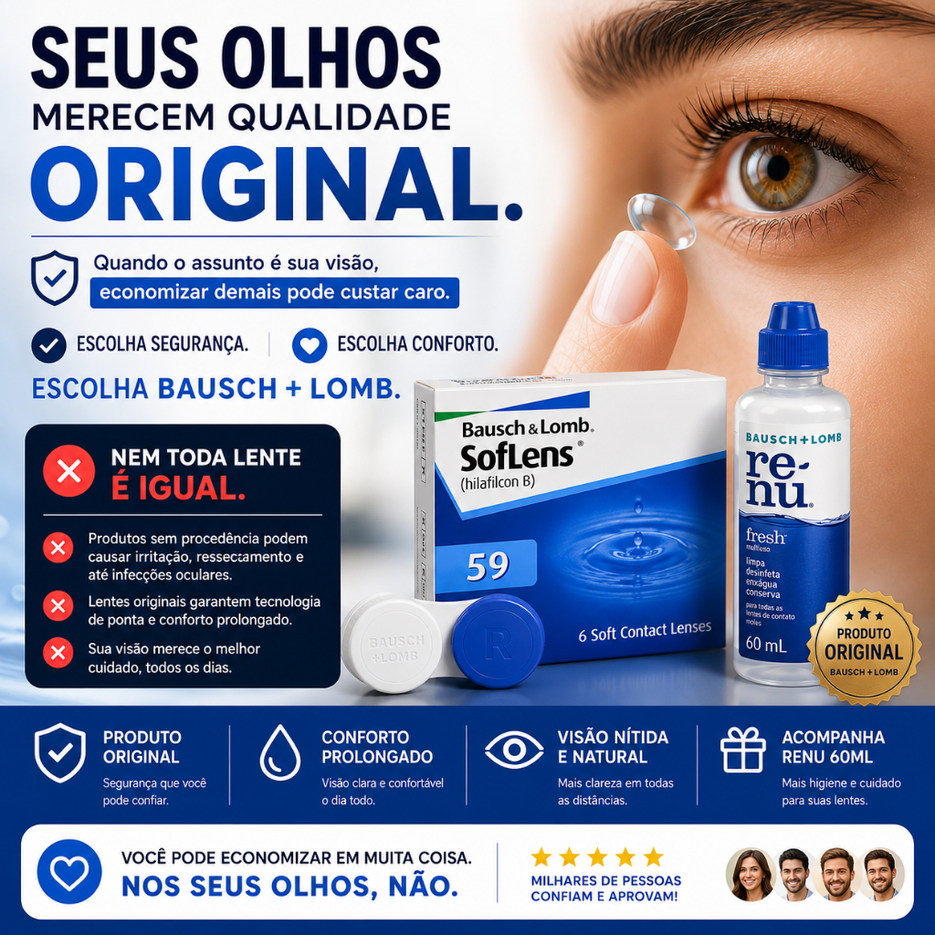 Lente Contato  Soflens 59 Bausch Lomb Mensal+Estojo Miopia-Hipermetropia-Incolor Com Grau ORIGINAL