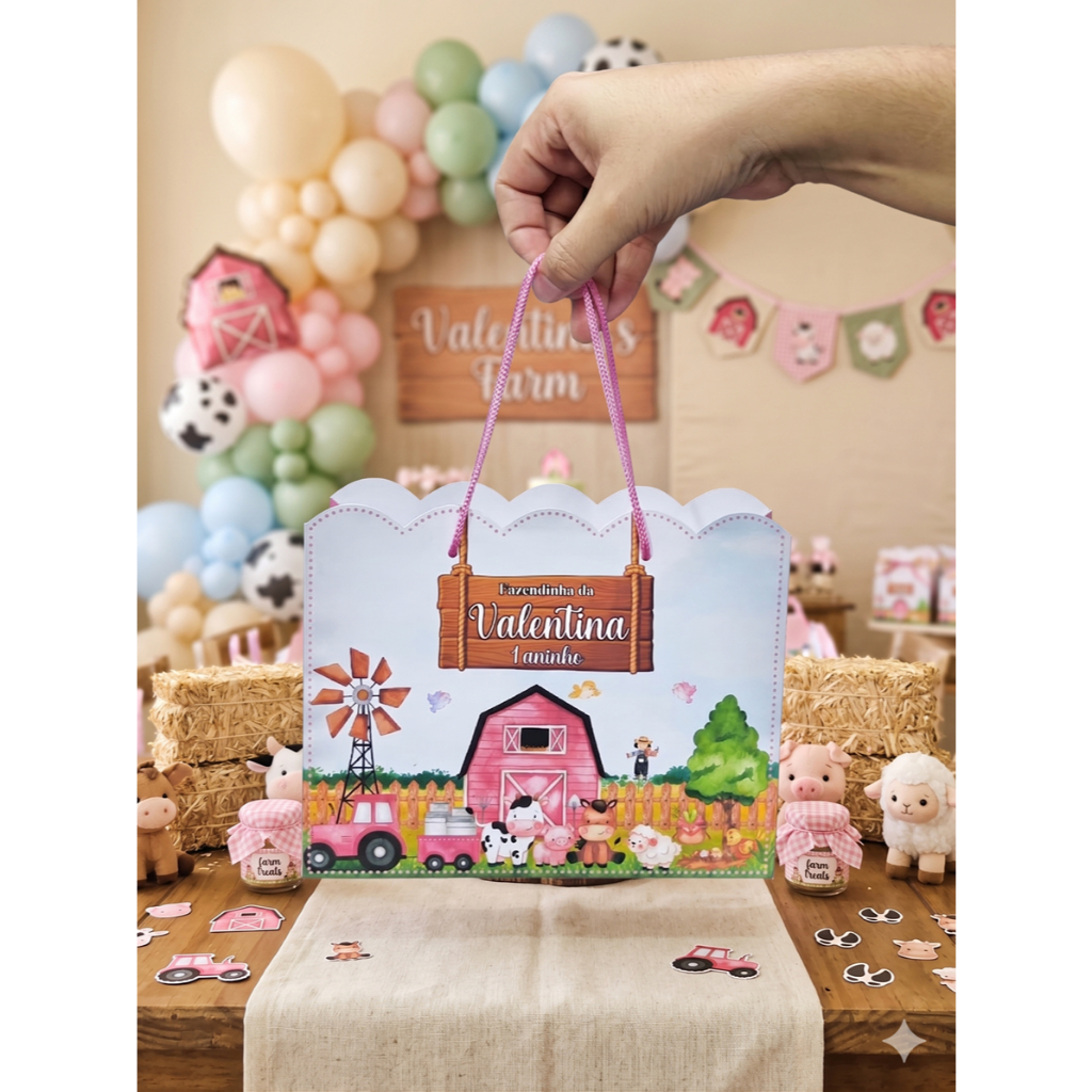 Sacolinhas Personalizadas Lembrancinhas Fazendinha Rosa Festa Chá Fralda Aniversario Nuvem Tamanho Grande (20x16x06)