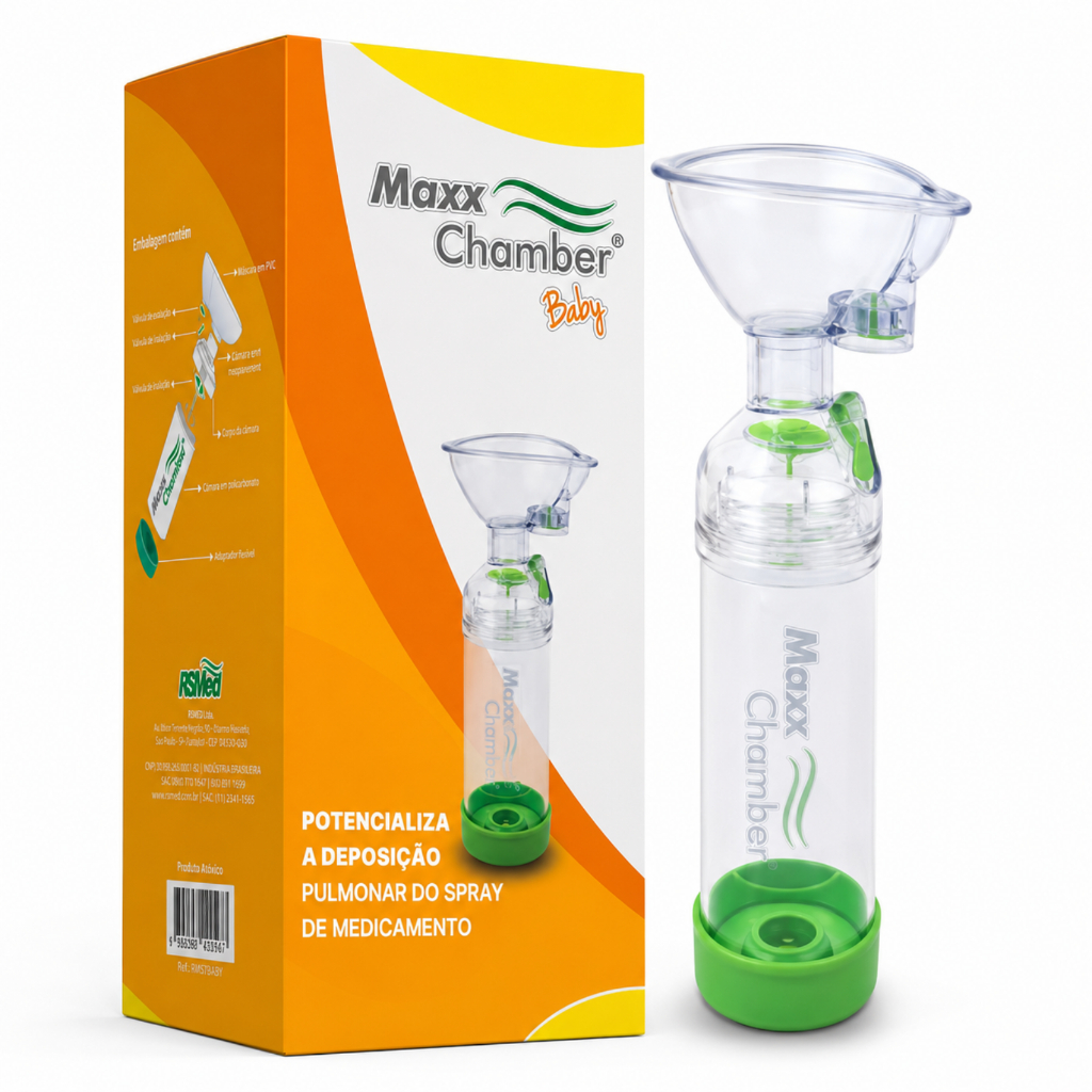 Espaçador Baby Maxx Chamber RSMed Medicamento Bombinha Asma Bebê 0-2 Anos Máscara Anatômica Sem BPA