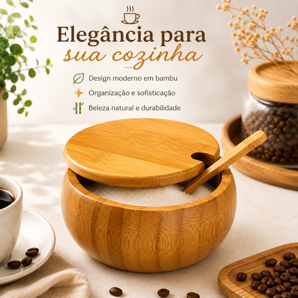 Açucareiro de Bambu porta farinha  Com Colher Pote Açúcar Organizador Cozinha Moderna e Sofisticada mesa posta Cantinho
