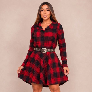 Vestido Chemise Feminino Xadrez Manga Longa Tecido Encorpado Elegante Moderno Country Inverno Chic Confortável Leve