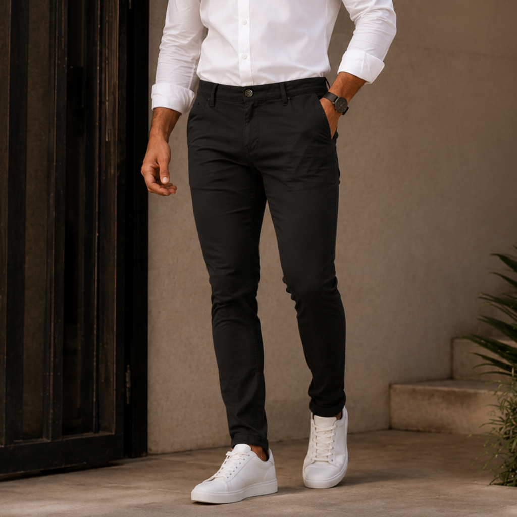 Calça Masculina de Sarja com Lycra Elastano Slim Alfaiataria Esporte Fino Bolso Embutido Faca