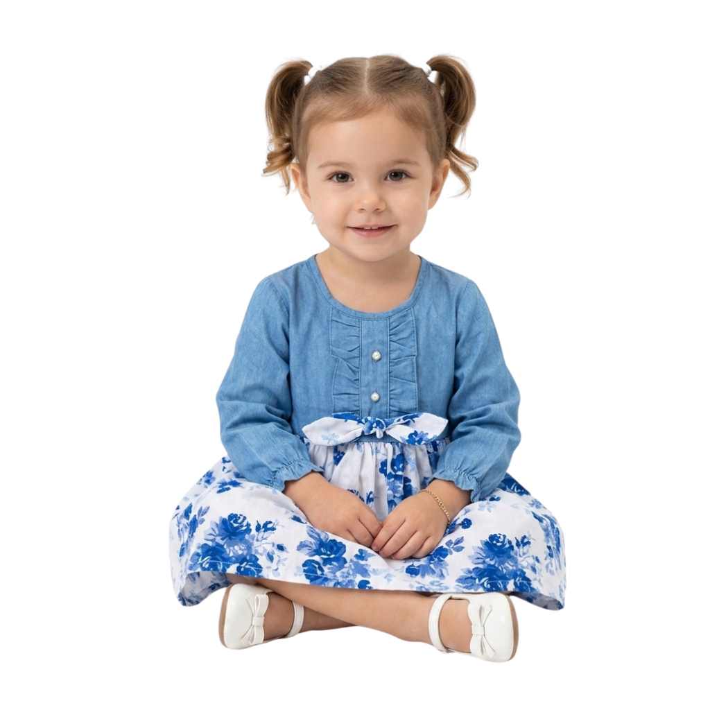 Vestido De Bebê Menina Floral Azul Manga Longa Luxo 100% Algodão Mundo Nina