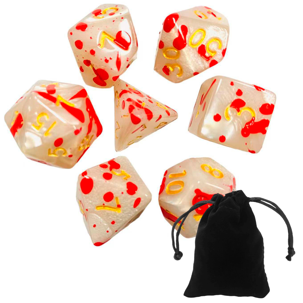 Kit 7 Dados Rpg Marmorizado Sangue Branco com Dourado Boardgames D4 D6 D8 D10 D10% D12 D20
