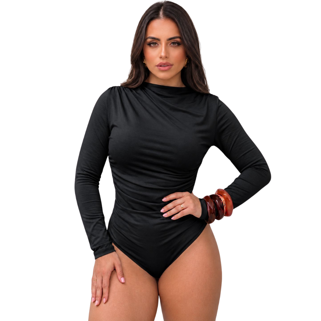 Body Manga Longa Feminino Drapeado Suplex Premium Franzido Bory Segunda Pele Moda Gringa Outono/Inverno