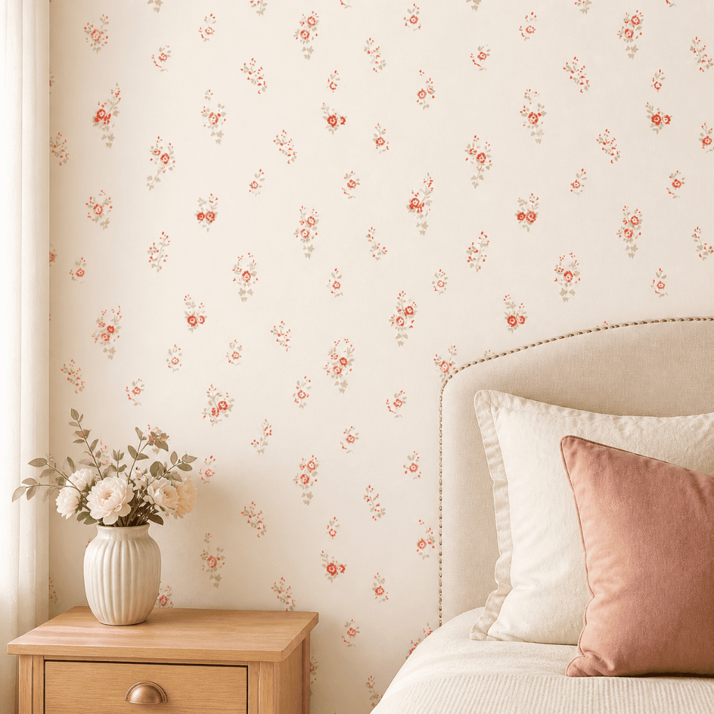 Papel de Parede Floral Delicado Bege Rosé Adesivo Lavável Vinílico Premium Quarto Sala