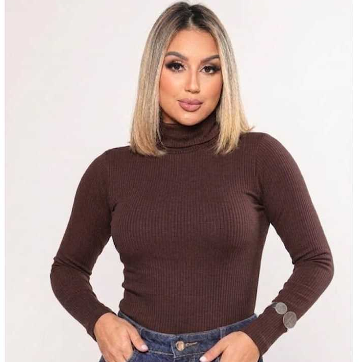 Blusa Feminina Ribana Canelada Manga Longa Gola Alta Cacharrel Blusa de Frio Inverno Elegante
