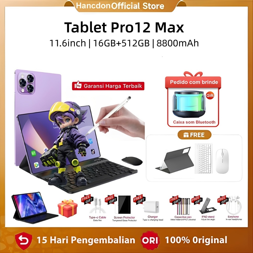 【Teclado e mouse grátis】Tablet Pro 12 Max 11,6 polegadas, 16 GB + 512 GB, bateria de 8.800 mAh, dois chips, Android15