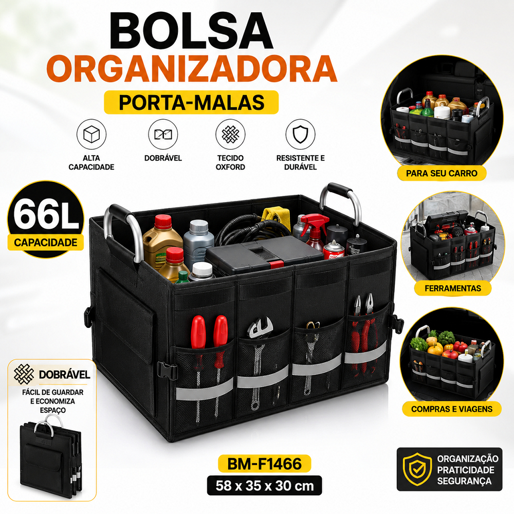 Bolsa Organizadora Porta-Malas 66L Dobrável Oxford Multiuso Ferramentas Carro Preto Premium Porta Objetos