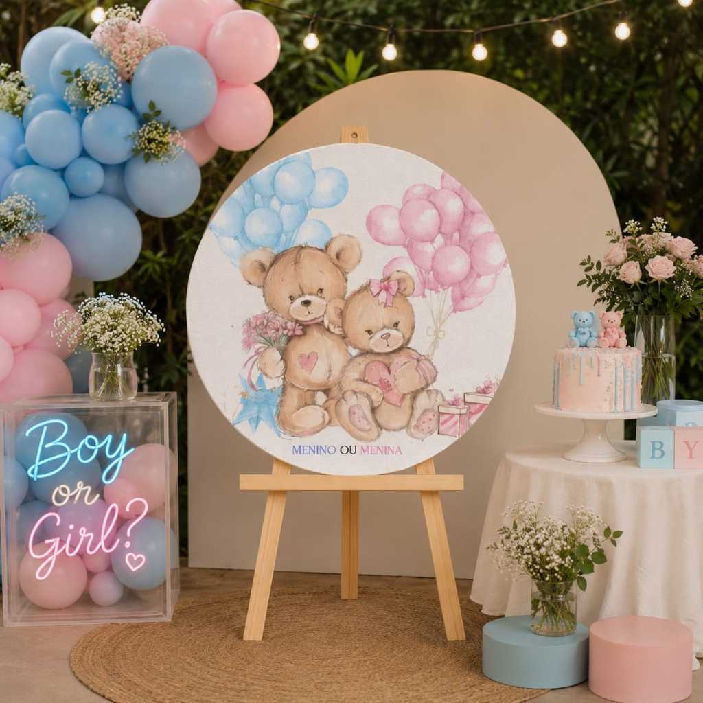 Quadro Redondo Chá Revelação Ursinhos Menino Ou Menina