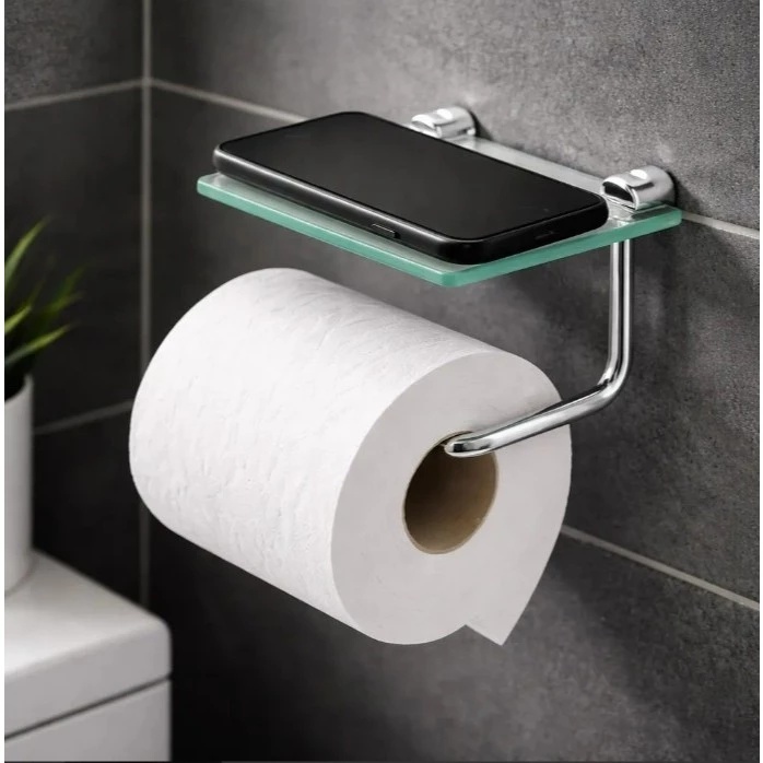 Papeleira Porta Papel Higiênico para Banheiro Com Prateleira Para Celular Objetos Cores Fumê ou Vidro Incolor