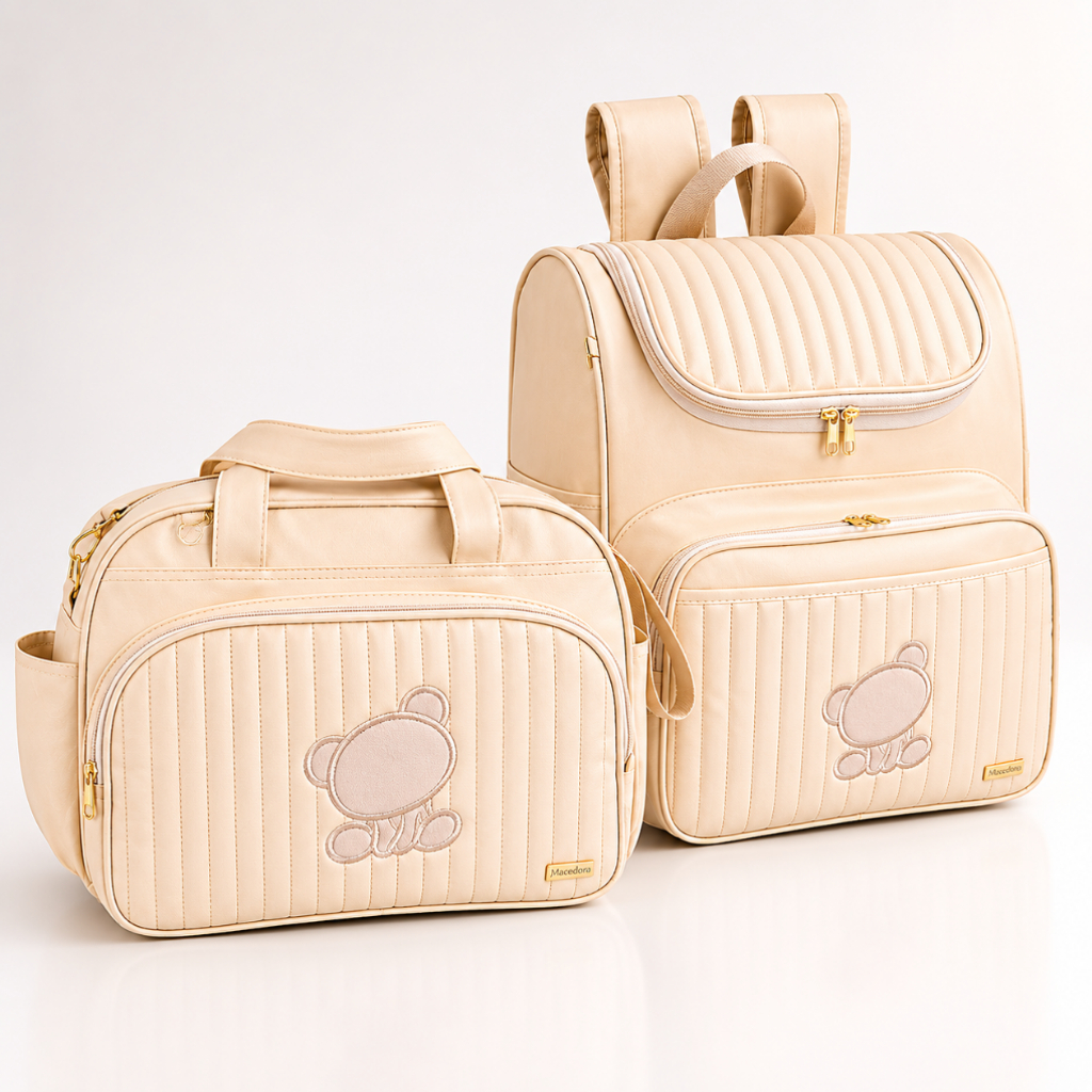 Kit Bolsas Maternidade 2 peças com Mochila, Bolsa Grande e Urso Bordado Bege