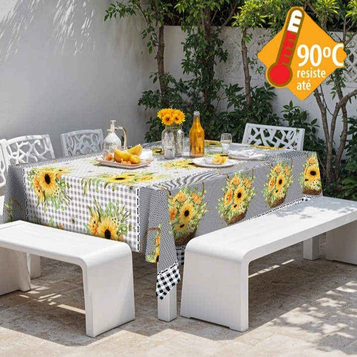 Toalha de Mesa Térmica Impermeável 4 · 6 · 8 · 10 Lugares Quadrada Girassol Decoração Cozinha