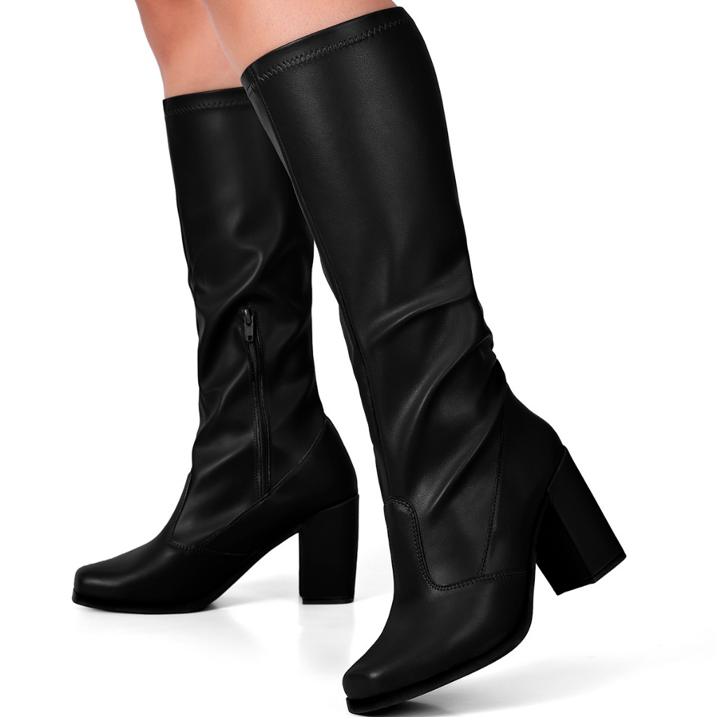 Bota Feminina Lumiss Cano Longo Salto Alto Bloco Confortável Stretch Montaria Bi