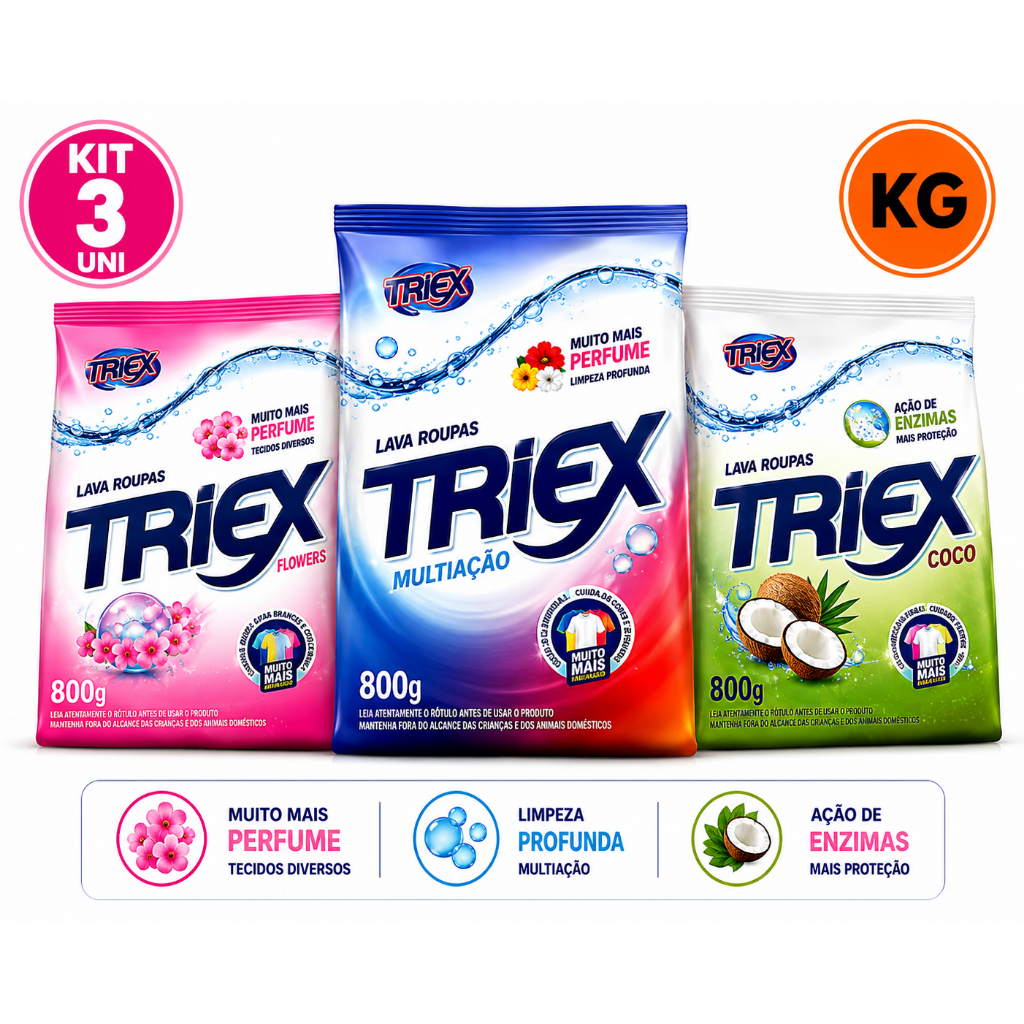 Kit 3 Unidades de Sabão em Pó Triex 800g – MultiAção Coco Flowers 2.4KG
