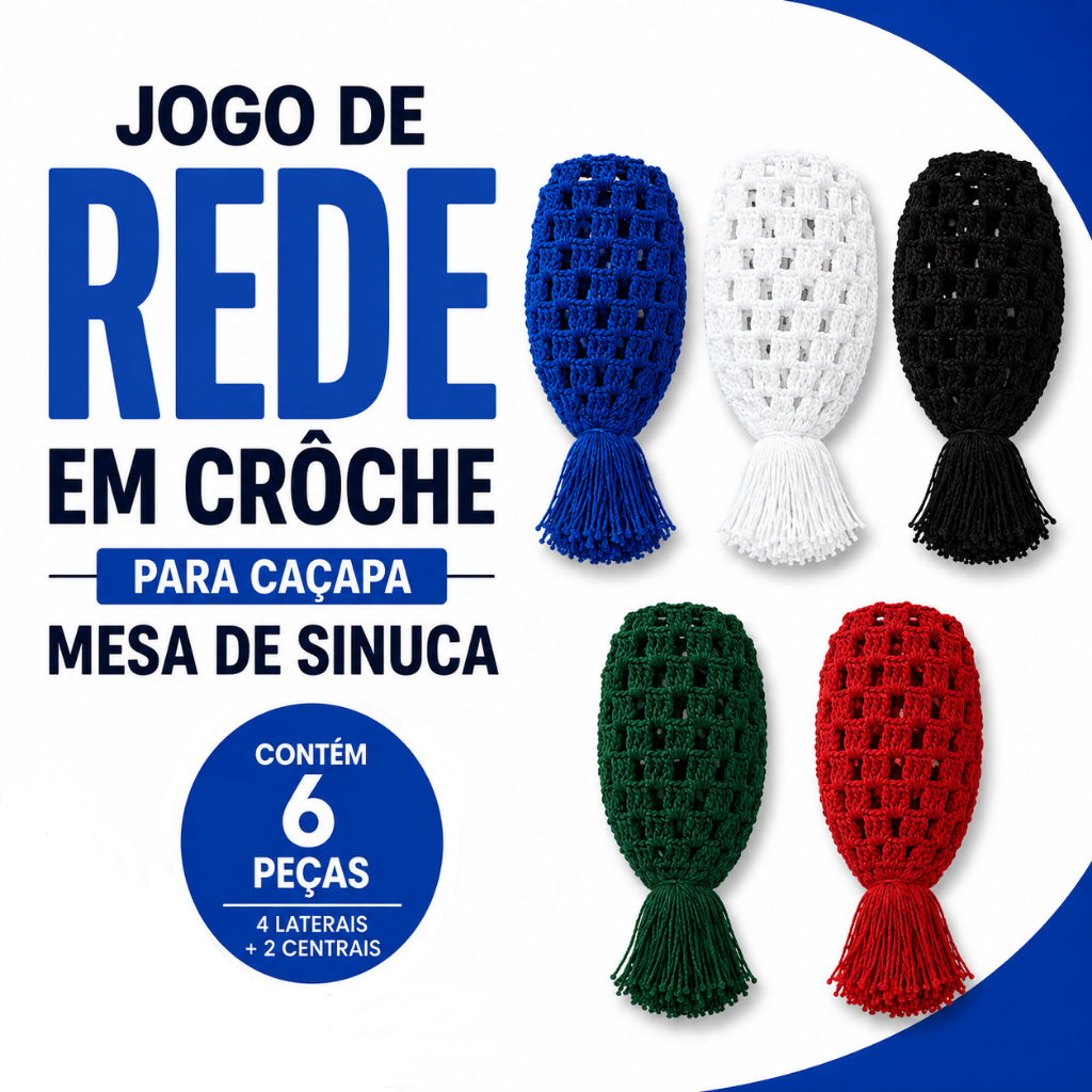 Jogo de Rede Caçapa em Crochê para Sinuca Bilhar Snooker 6 Unidades