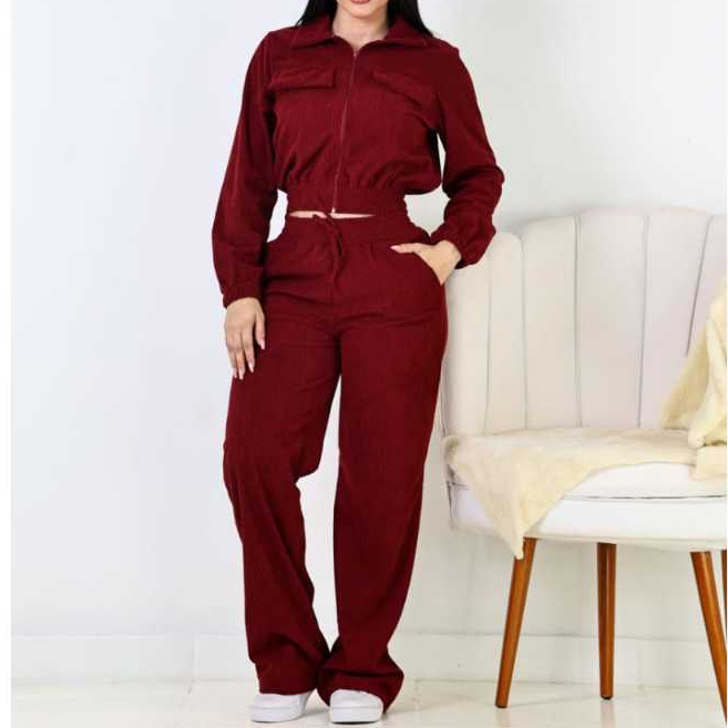 CONJUNTO FEMENINO  VELUDO COTELE CROPPED CON ZIPER E CALÇA FLER