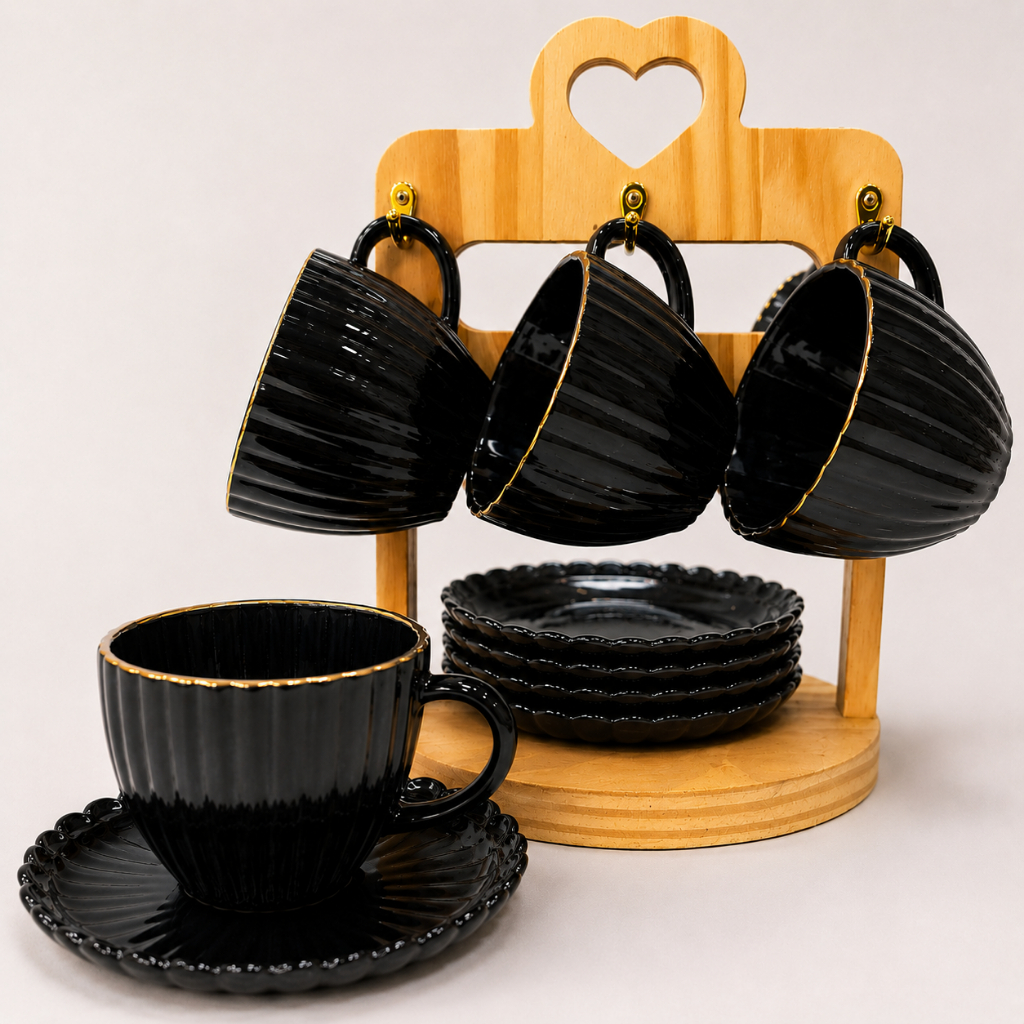 Conjunto Xícaras Preta Fio de Ouro Cha e Cafe Com Pires 12 Peças Vidro 100ml Decorada Borda Dourada