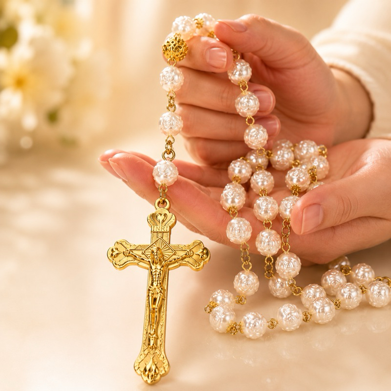 Terço De Pérolas Flor De Rosa Durado Religioso