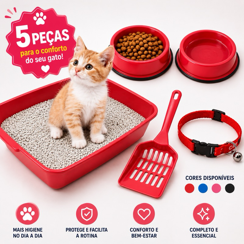 Kit Caixa de Areia Higiênica para gatos com Comedouro Bebedouro Coleira Sanitário Banheira
