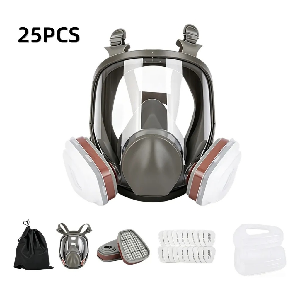 Kit com 25 Peças, Máscara de Gás Silicone Macio Reutilizável, Respirador Completo com Filtros para Marcenaria e Soldagem