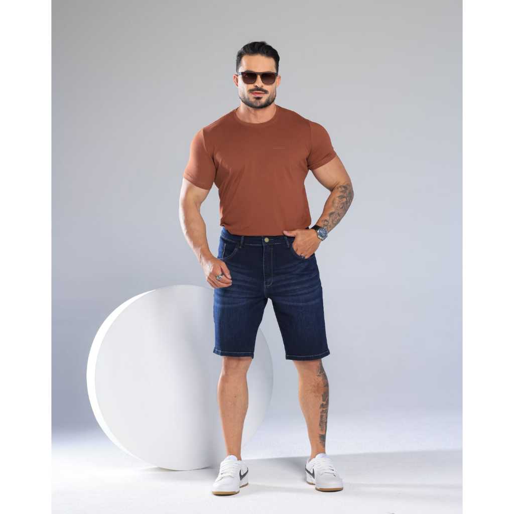 Bermuda Jeans Premium  Masculina Tradicional Azul Escuro com Elastano Lycra Confortável
