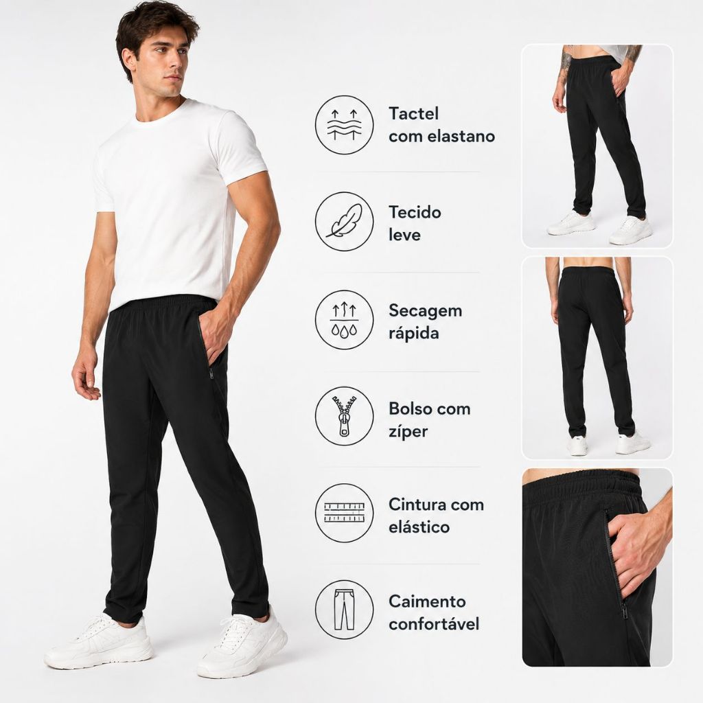Calça Tactel Masculina com Elastano Jogger Academia Treino Corrida Bolso Zíper - Premium Leve Confortável Dia a Dia