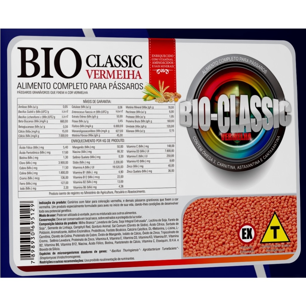 Bio Classic Vermelha 1kg - Embalagem Original - Ração Extrusada para Canários com Cantaxantina