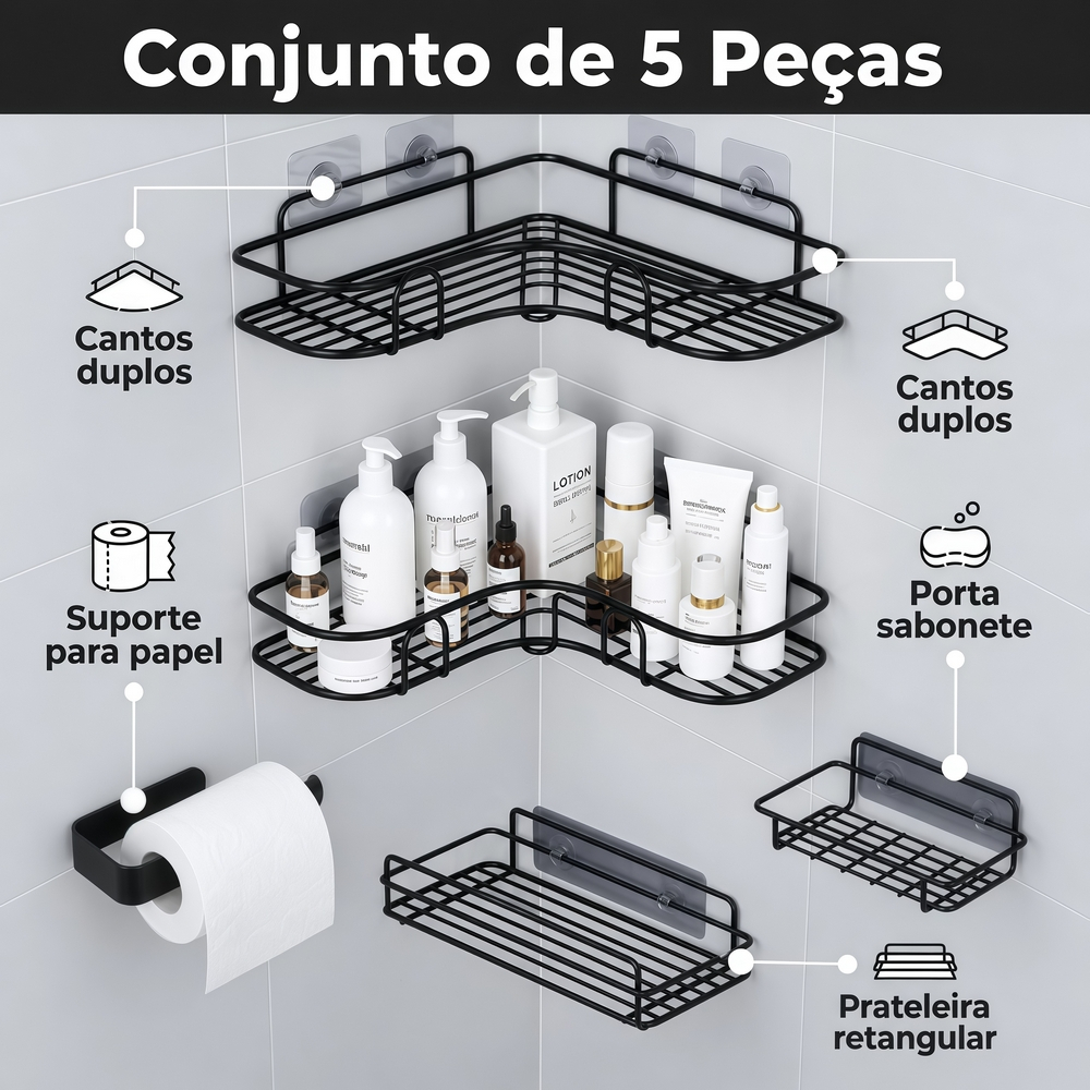 Kit Banheiro 5 Peças Prateleira Organizadora Sem Furo Suporte Papel Saboneteira